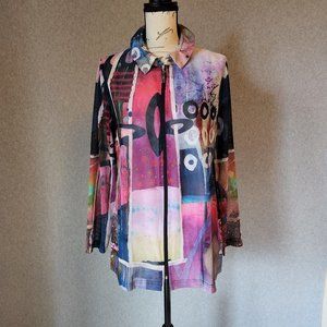 NWT DAMEE NYC Watercolor Abstract Shirt Zip Long Sleeve Mesh Multicolor